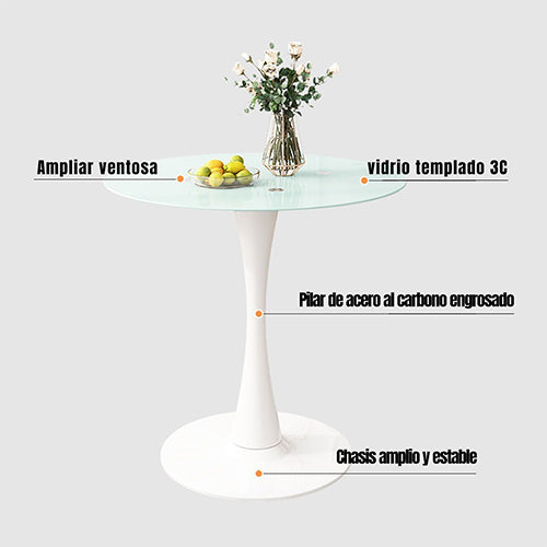 Mesa de comedor orbicular moderna con tablero vítreo, 27,6"x27,6"x28,7"